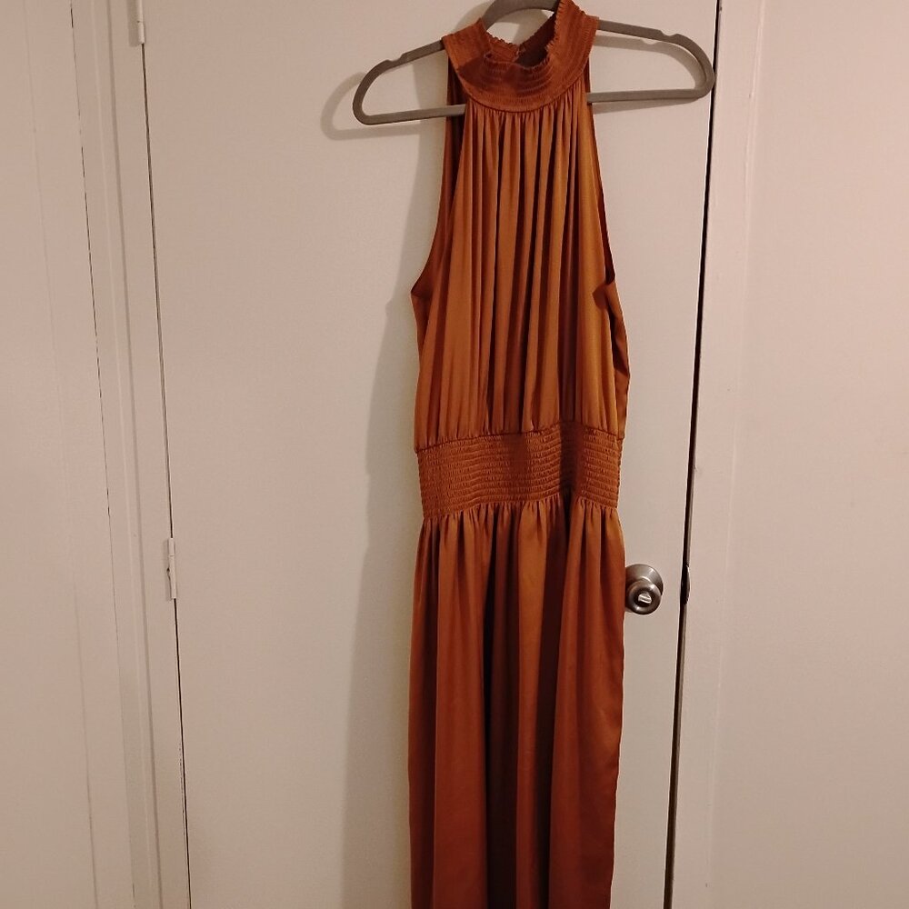 Ramy Brook Belle Satin Smocked Midi Dress Copper Size M